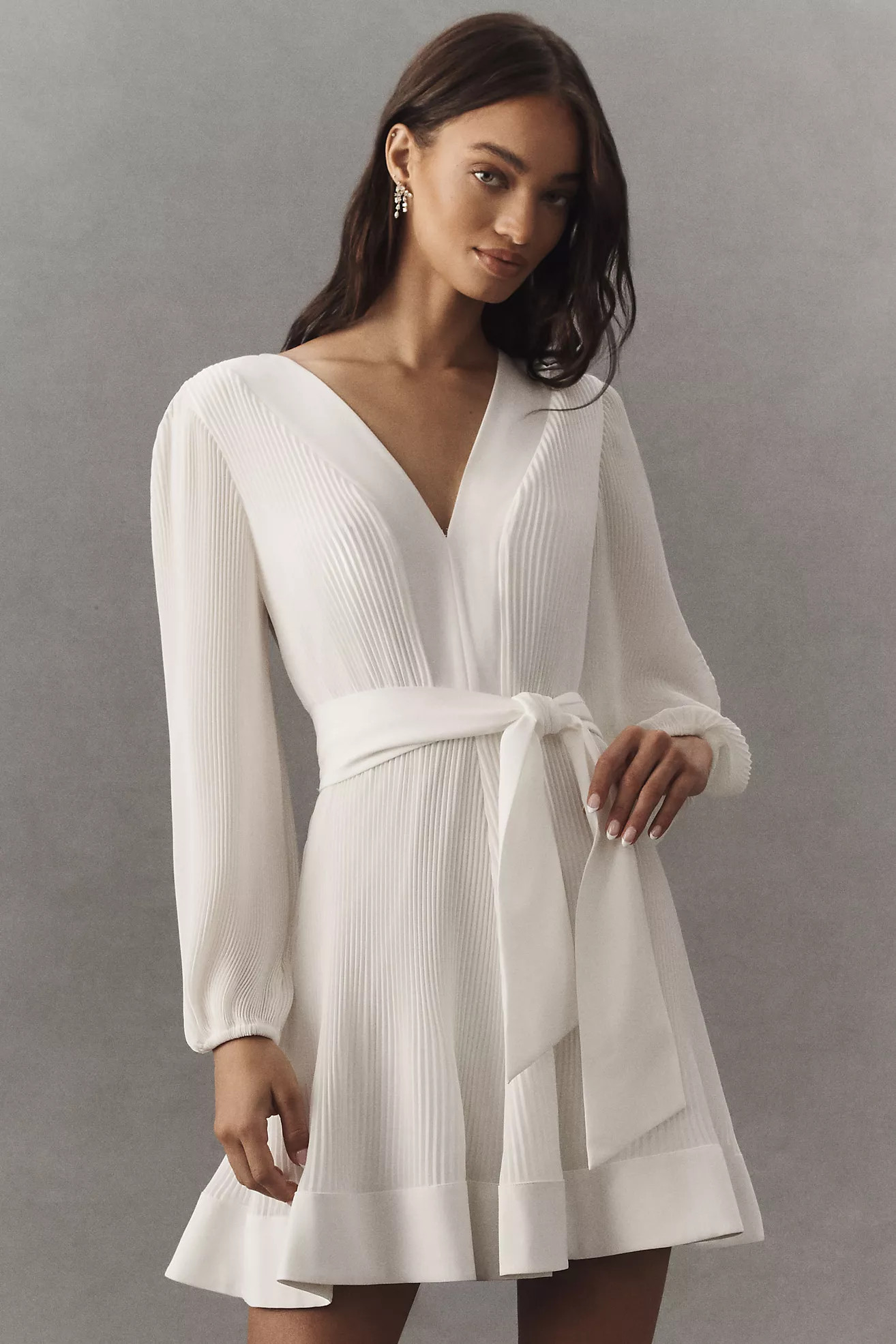 Milly Liv Long-Sleeve V-Neck Pleated Belted Mini Dress | Anthropologie (US)