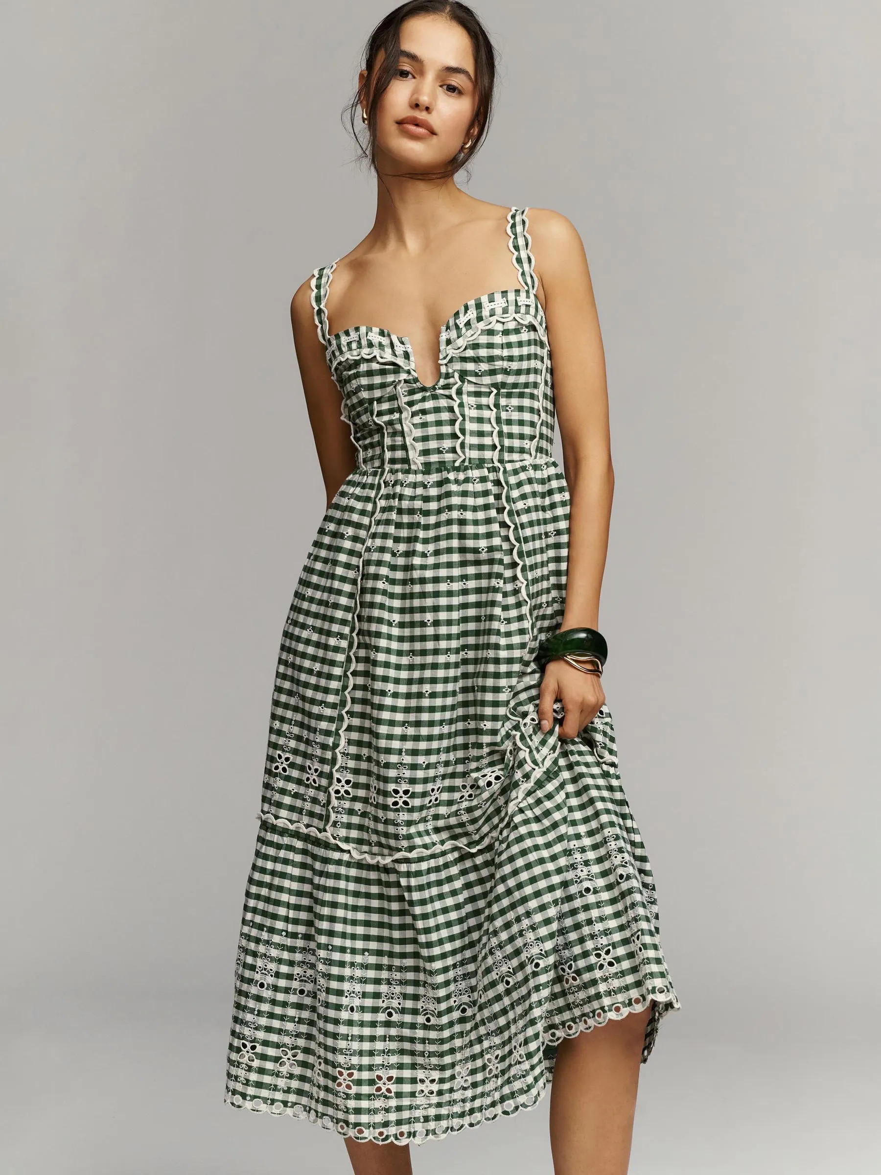 anthropologie Anthropologie Green Sleeveless Sweetheart Gingham Midi Dress | Next US
