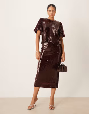 YAS premium sequin midi skirt in burgundy - part of a set | ASOS | ASOS (Global)