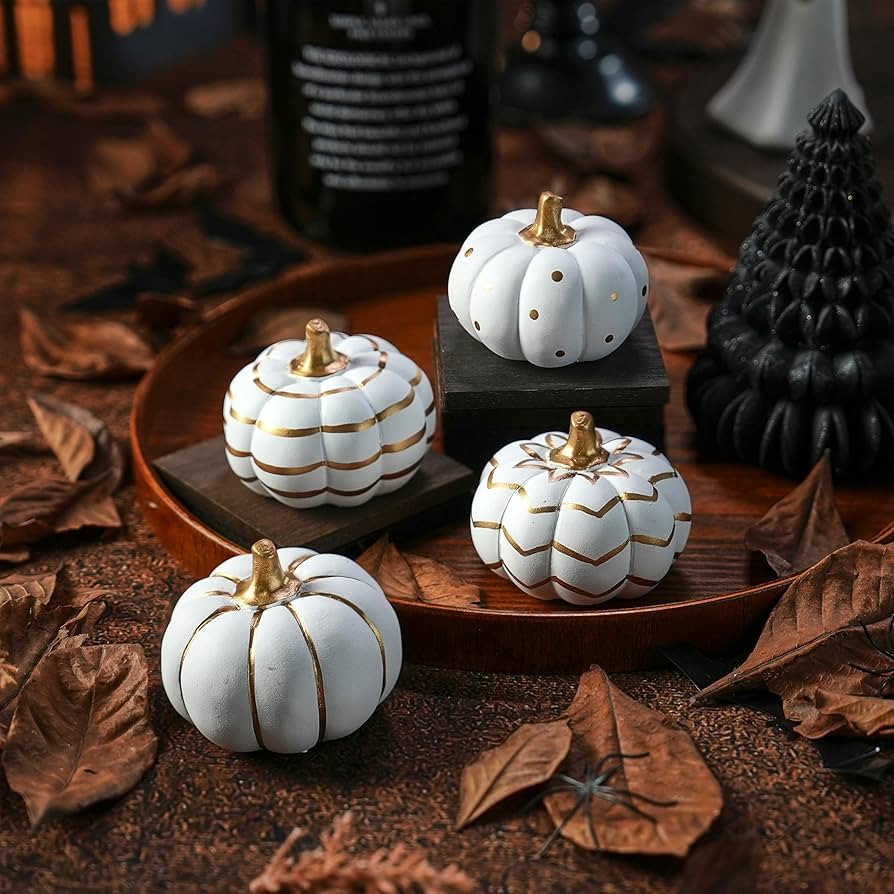 4Pcs White and Gold Pumpkin Decor, Fall Pumpkins for Decorating, Small Halloween Pumpkin Figurine... | Amazon (US)