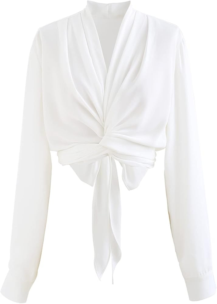 CHICWISH Women's White/Pink/Pistachio/Blue Crisscross Tie-Bow Satin Top Shirt | Amazon (US)
