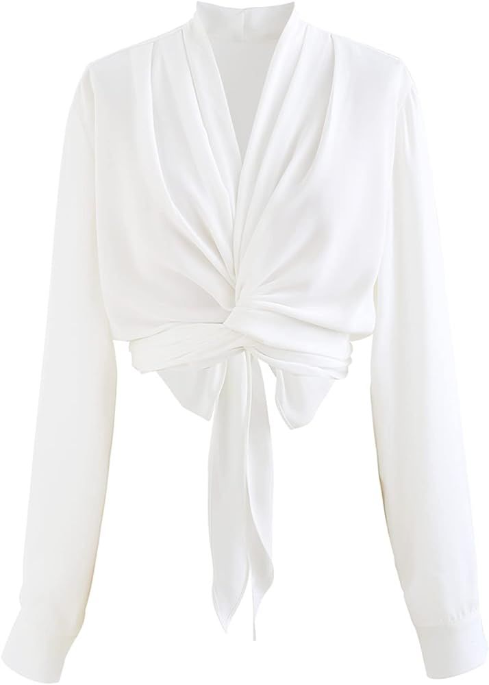 CHICWISH Women's White/Pink/Pistachio/Blue Crisscross Tie-Bow Satin Top Shirt | Amazon (US)