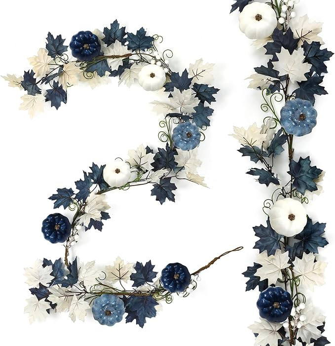 6ft Fall Decor Blue Pumpkin Garland Long Thanksgiving Garland Autumn Maple Leaves White and Blue ... | Amazon (US)