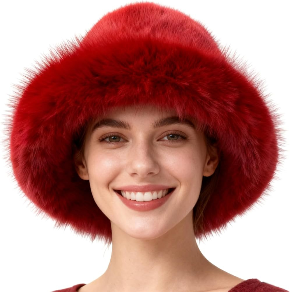 Faux Fur Bucket Hat for Women - Oversized Winter Long Pile Fur Wide Moldable Brim Warmer Cap | Amazon (US)
