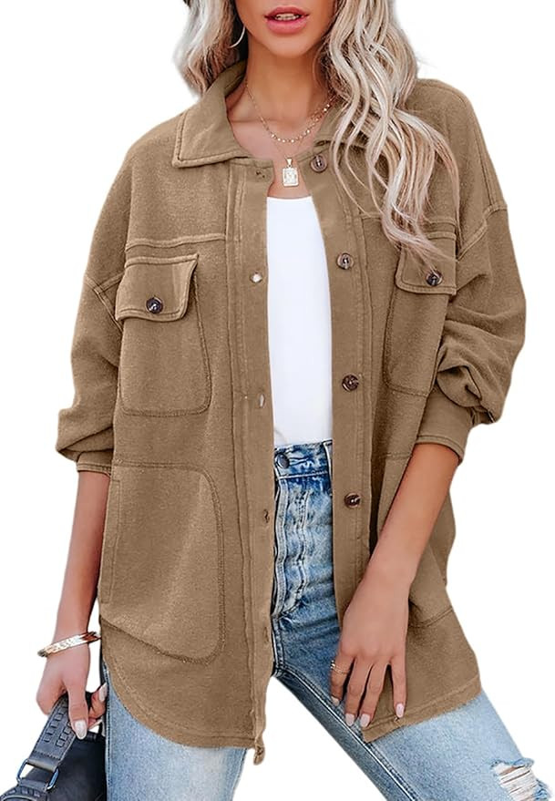 EVALESS Shacket Jacket Women Casual Long Sleeve Lapel Button Down Shirts Fall 2023 Lightweight So... | Amazon (US)