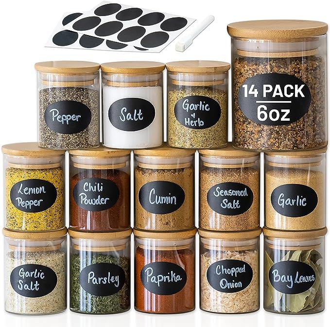 14 pc Glass Jars with Bamboo Lids (6oz) + Rewritable Label Set | Mini Clear Glass Airtight Spice ... | Amazon (US)