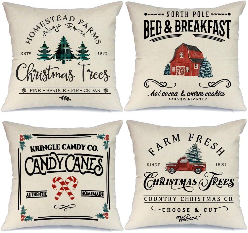 AENEY Christmas Decorations Pillow Covers 18x18 Set of 4, Farm Fresh Tree Red Truck Rustic Winter... | Amazon (US)