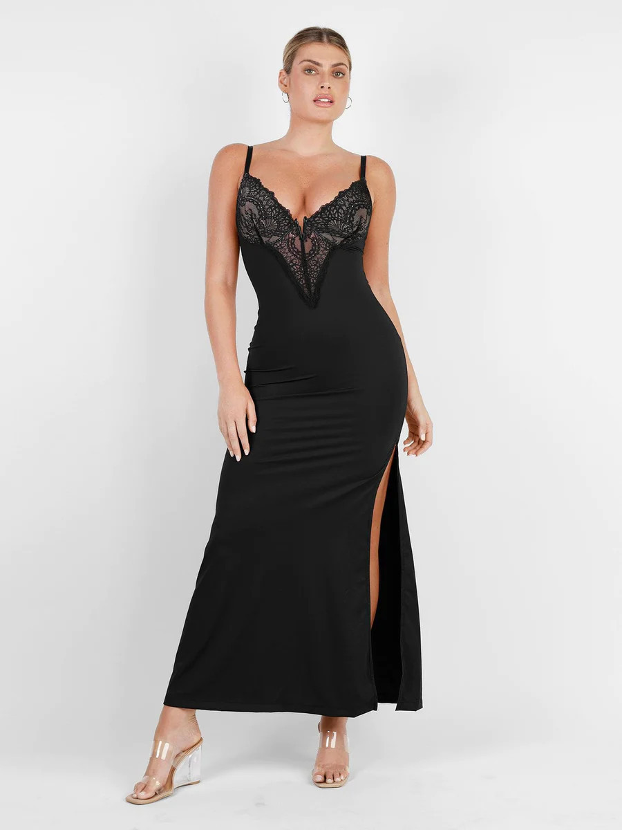 Built-In Shapewear Sexy Lace Slip Split Maxi Dress | Popilush