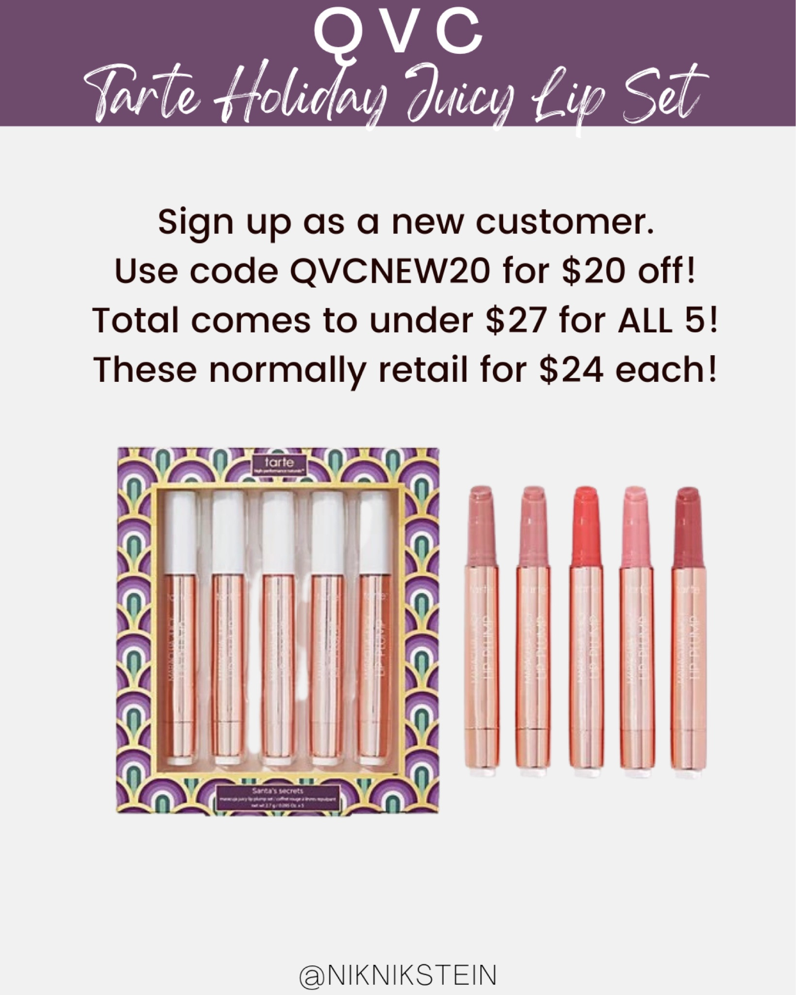 Sign up as a new customer. Use code QVCNEW20 for $20 off! Total comes to under $27 for ALL 5! These normally retail for $24 each! Tarte juicy lip sale. #tarte #juicylip #tartecosmetics #qvc #christmasgift #gift 

#LTKGiftGuide #LTKbeauty #LTKsalealert