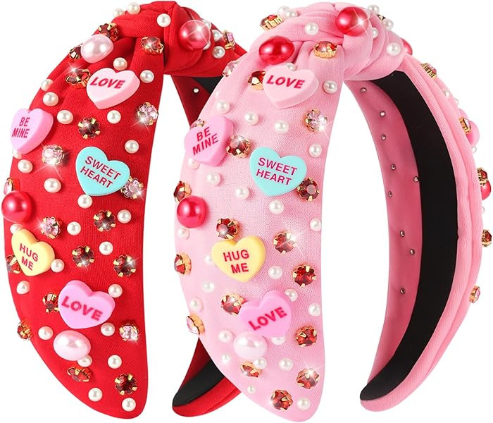 2 Pcs Valentines Day Headband for Women Love Heart Headband Pearl Rhinestone Crystal Jeweled Hair... | Amazon (US)