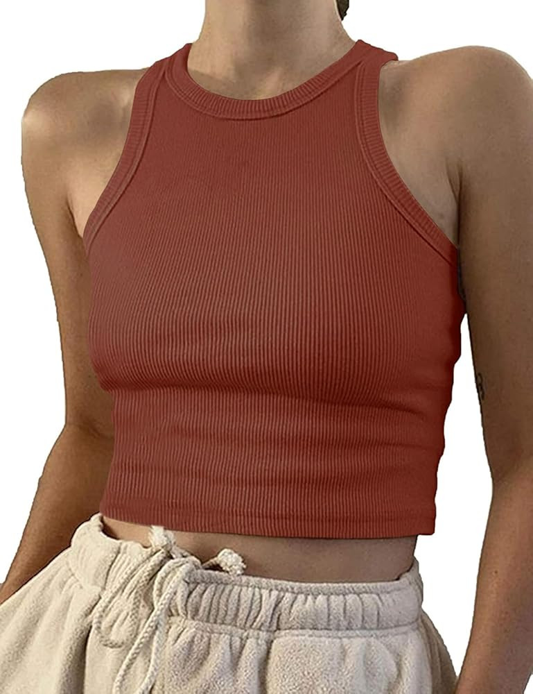 Artfish Women Casual Basic Sleeveless High Neck Rib-Knit Y2k Crop Tank Top | Amazon (US)