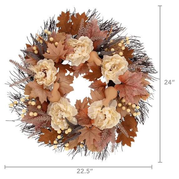 Maple Leaves and Peony Wreath, Cream and Brown, 22", Fall by Way To Celebrate | Walmart (US)