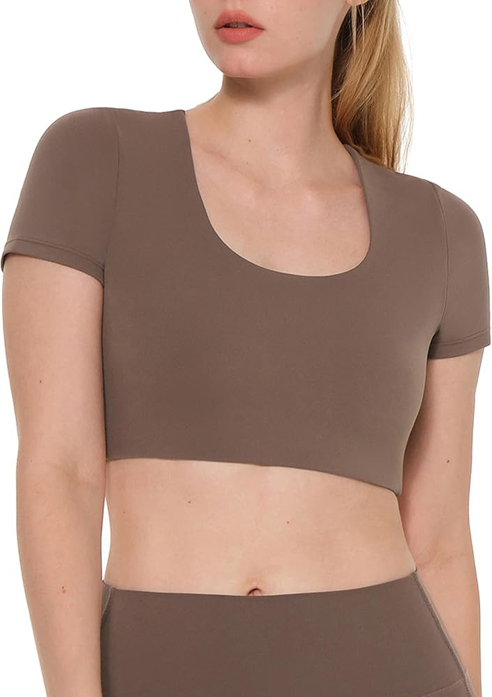 Womens Yoga Workout Crop Tops Slim Fit Tees Short Sleeve with Built in Bra Cream Feeling U Neck A... | Amazon (US)