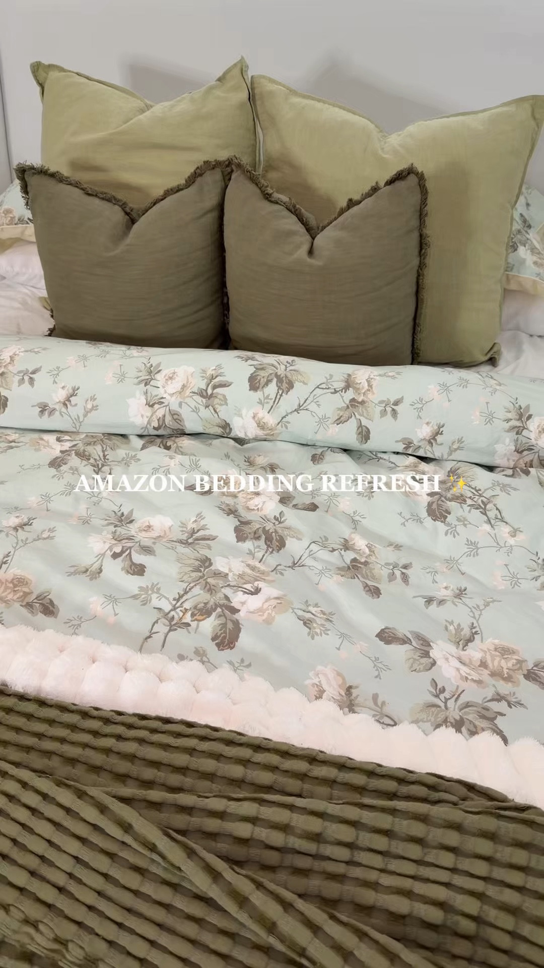 Bedding. Amazon bedding. Floral bedding. Green bedding. Olive green bedding. Throw blanket. Throw pillow. Bedding style. Colorful bedding. Throw pillows  

#LTKHome #LTKvlog #LTKSeasonal
