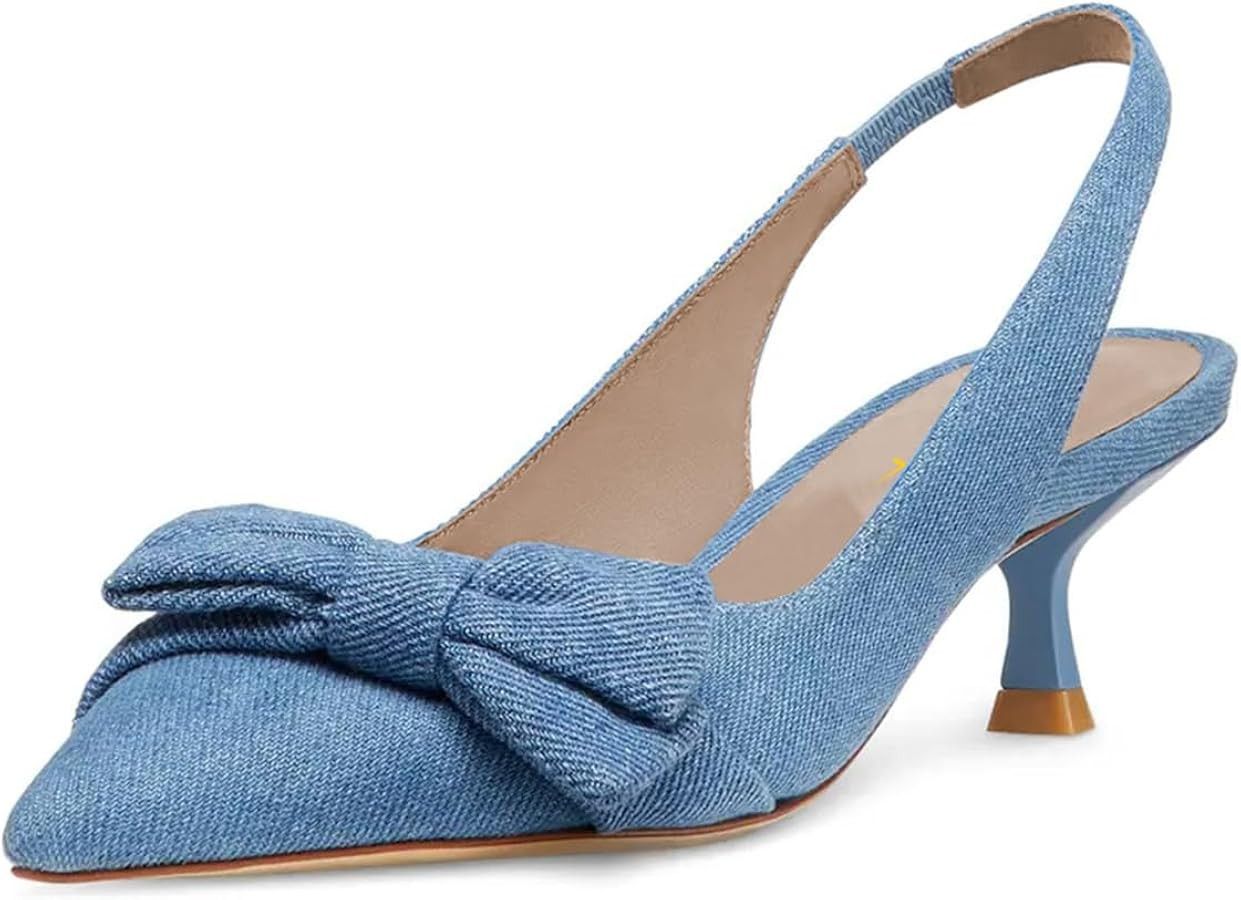 Milooey shoes Womens Bow Pointed Toe Pumps Kitten Low Heels Elastic Slingback Shoes for Dancing P... | Amazon (US)