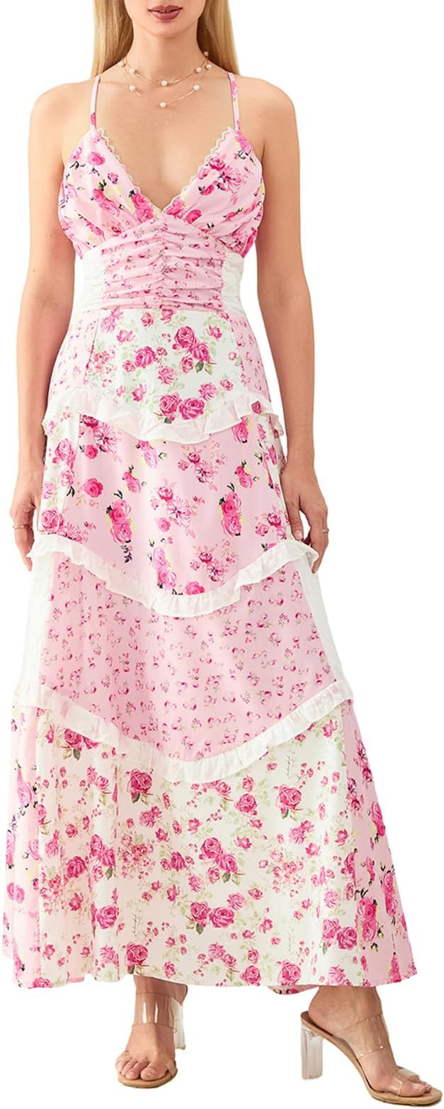 Women Tie Shoulder Boho Floral Maxi Dress Y2k Spaghetti Strap Flowy Long Dresses Summer Tiered Be... | Amazon (US)