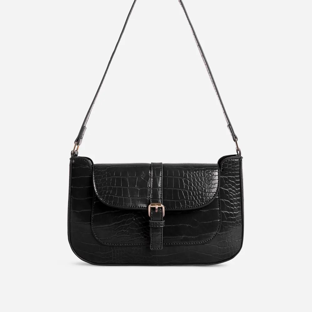Jade Buckle Detail Shoulder Bag In Black Croc Print Faux Leather | EGO Shoes (US & Canada)