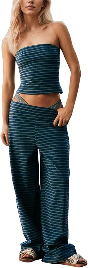 MISSACTIVER Women Sailor Tube Set 2 Piece Striped Outfits Strapless Crop Bandeau Elastic Waist Wi... | Amazon (US)