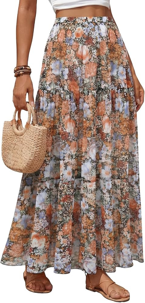Women's Chiffon Maxi Skirt Pleated Elastic High Waisted Tiered A-Line Boho Spring Flowy Long Skir... | Amazon (US)