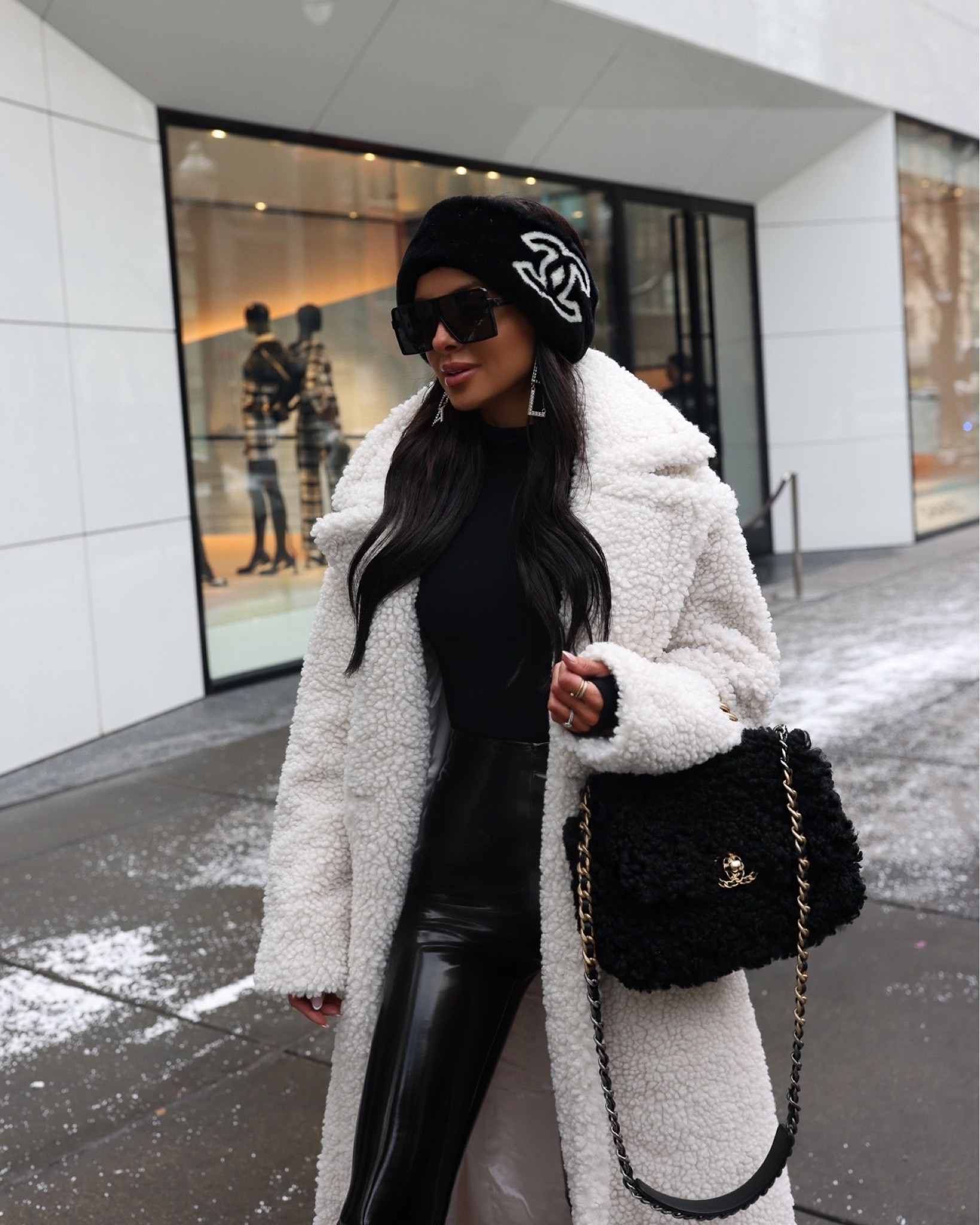 Casual winter outfit / cozy holiday outfit 
Ugg Sherpa coat
Commando patent leather leggings on sale
Chanel combat boots
Black bodysuit 

#LTKHoliday #LTKStyleTip #LTKSeasonal