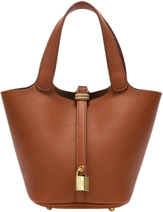 Women's Leather Tote Bag: Fashionable Lock Design Solid Color Bucket Bag Mini Handbag Wallet Hand... | Amazon (US)