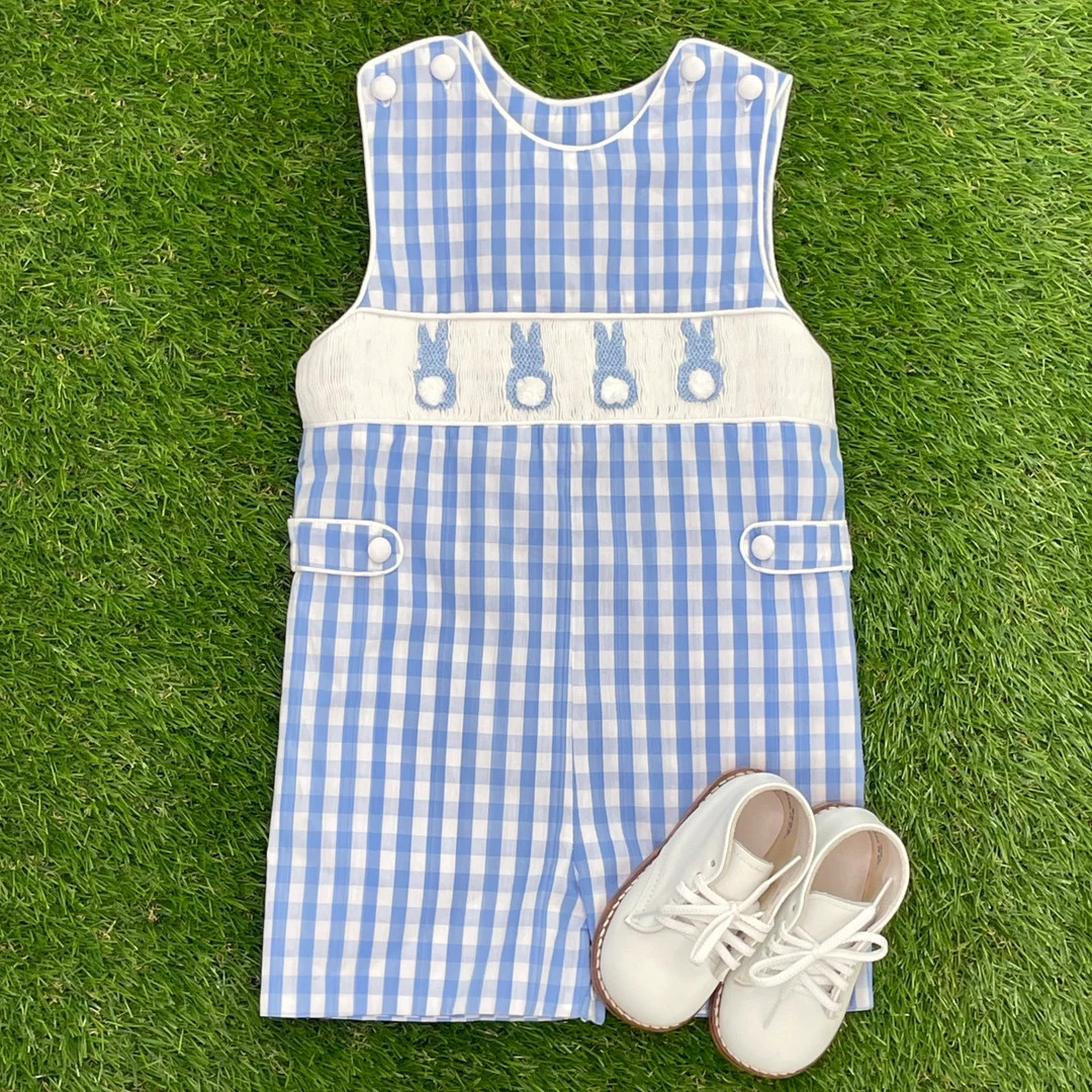 Easter Bunny Smocked Shortall in blue gingham | Etsy (US)