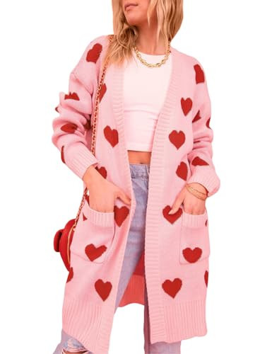 Wyeysyt Women Love Heart Cardigans Sweaters Open Front Long Chunky Casual Knit Pocketed Cardigan Sweaters(Pink-S) | Amazon (US)