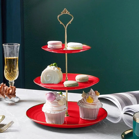 3-Tier European-Style Dessert Stand – Gold-Rimmed Ceramic Snack Tray for Fruit, Candy & Afterno... | Walmart (US)