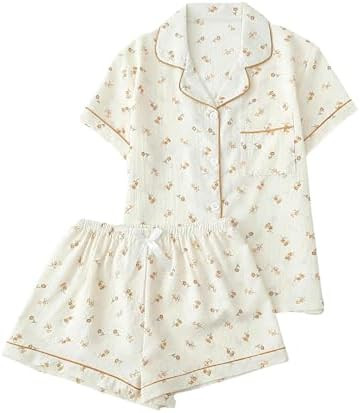 Remidoo Women's Floral Pj Set Short Sleeve 2 Piece Button Up Pajamas Sleepwear | Amazon (US)