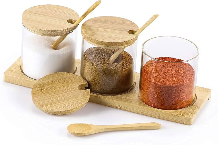 Condiment Jars with Bamboo Lids and Spoons, Seasoning Box Set with Bamboo Tray, Spice Containers ... | Amazon (US)