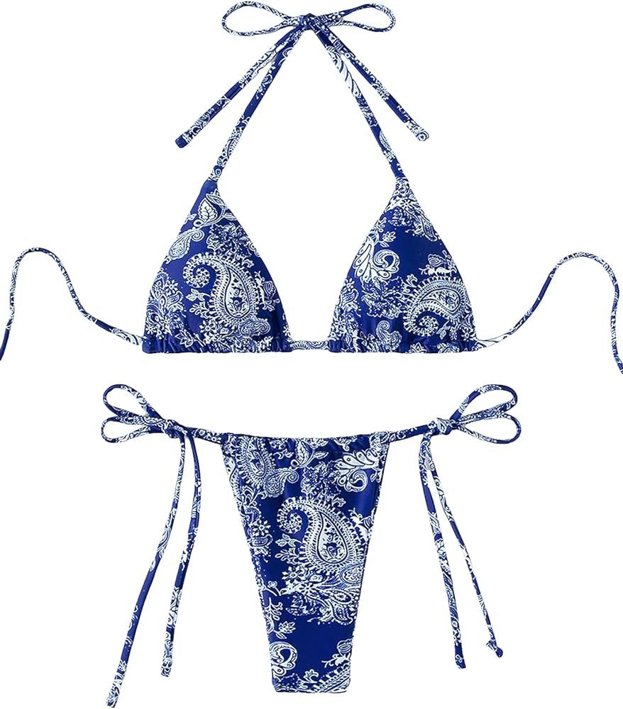 GORGLITTER Women's Paisley Floral Cheeky Bikini Set Sexy Thongs Tie Side Swimsuit String Triangle... | Amazon (US)