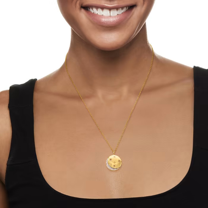 .10 ct. t.w. Diamond Moon and Star Disc Pendant Necklace in 18kt Gold Over Sterling | Ross-Simons