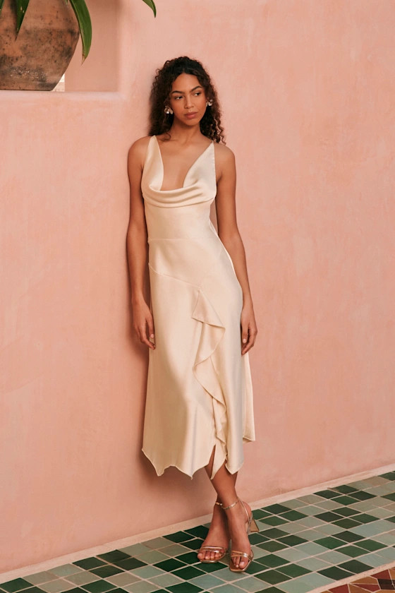 Evette Pale Yellow Satin Cowl Ruffled Handkerchief Midi Dress | Lulus