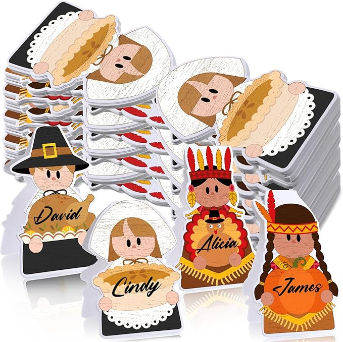 48 Pcs Thanksgiving Place Card Pilgrim Boy and Girl Name Cards for Table Pumpkin Turkey Thanksgiv... | Amazon (US)