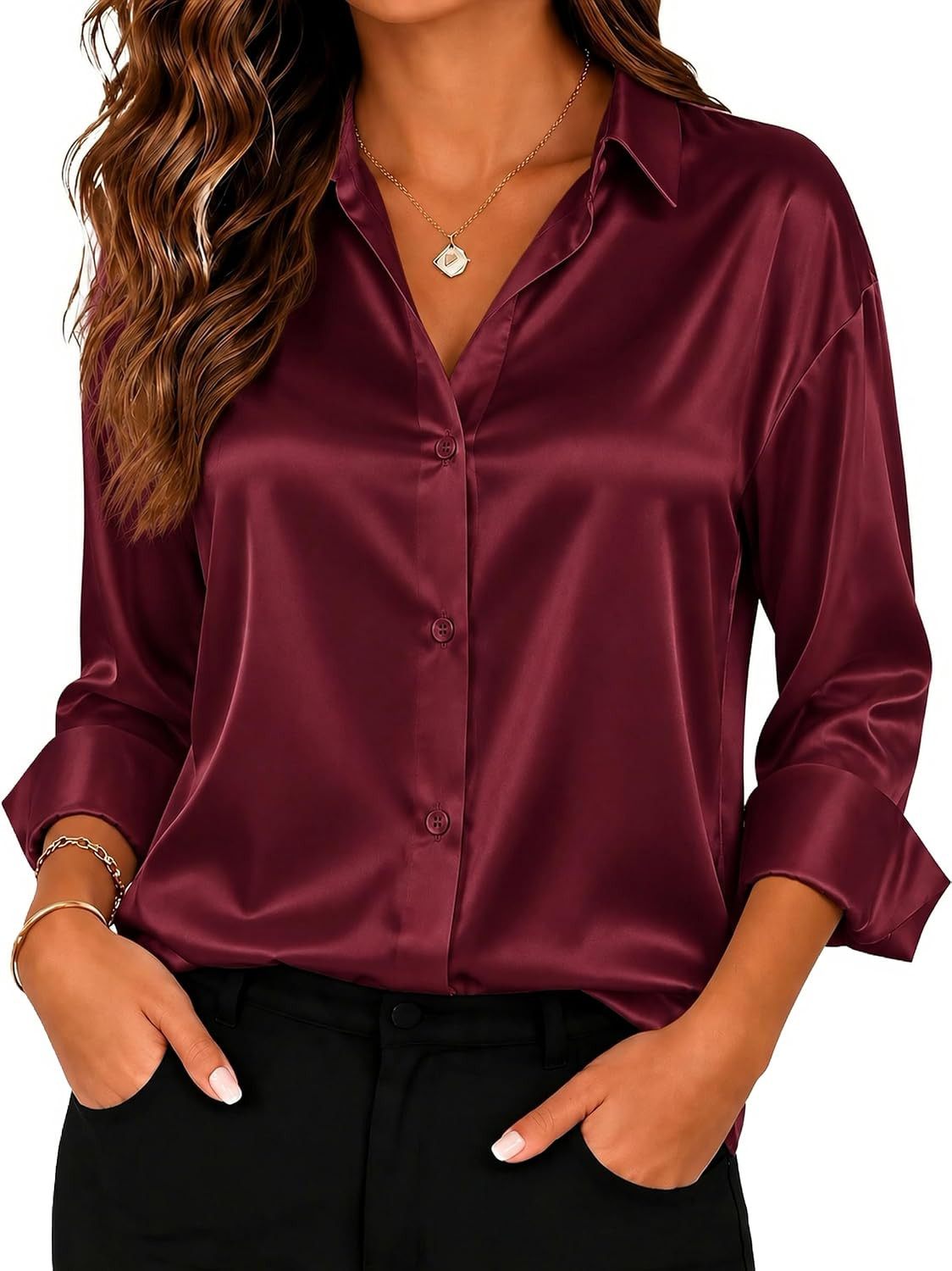 HOTOUCH Women Satin Silk Button Down Shirt Ladies Long Sleeve Tops V Neck Loose Blouse Dressy Business Casual Work Tunic Fall | Amazon (US)