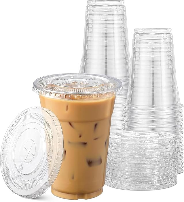 TashiBox Plastic Cups with Flat Lids 100 Sets 16 oz, Clear Crystal drink cups with lids | Amazon (US)