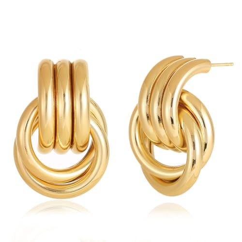 Chunky Gold Plated Earrings Big Knot Earring for Women Golden Drop Dangle Statement Earrings Jewelry | Amazon (US)