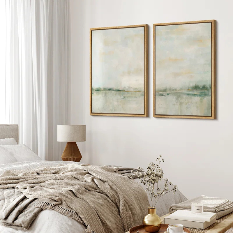 Pastel Green Abstarct Lake Landscape Neutral Minimalist Framed Canvas 2 Pieces Print Set Wall Art... | Wayfair North America