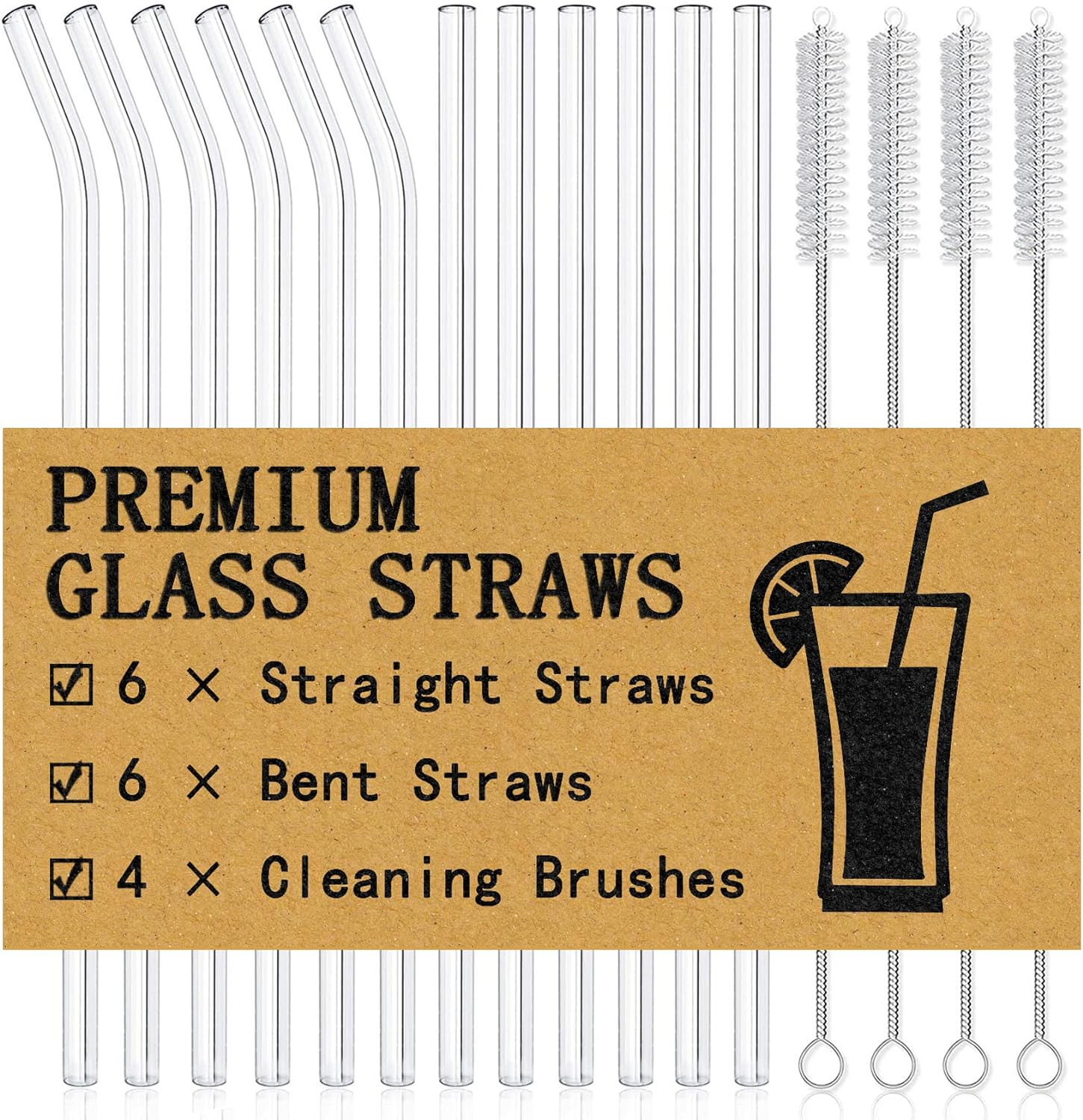 Piteno® 16-Pack Reusable Glass Straws, Clear Glass Drinking Straws, 8.5''x10MM, Set of 6 Straight and 6 Bent with 4 Cleaning Brushes, Perfect for Smoothies, Milkshakes, Juice, Tea | Amazon (US)