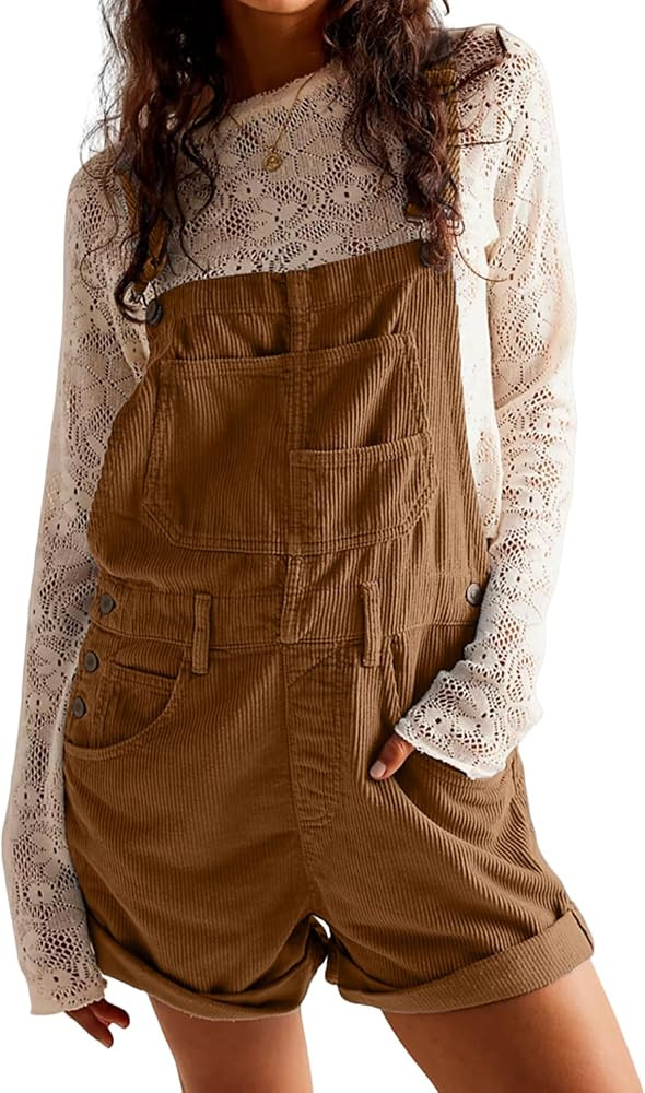 Women Corduroy Overalls Short Jumpsuits Adjustable Straps with Pockets Sleeveless Rompers | Amazon (US)
