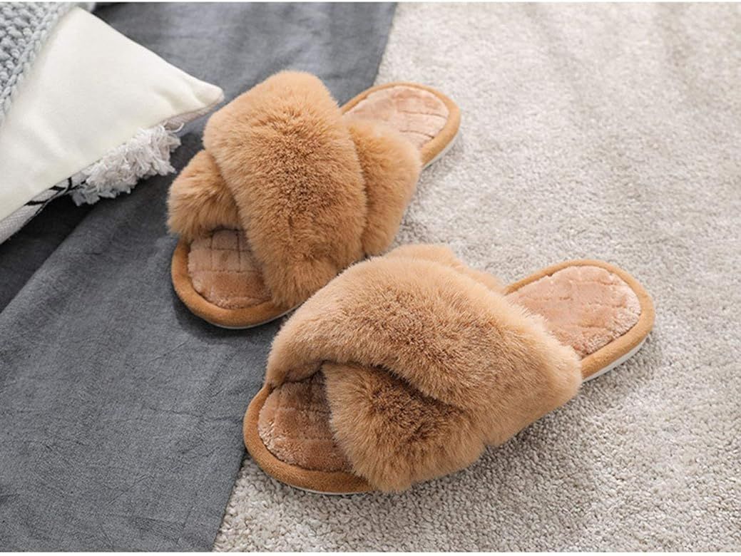 Women's Cross Band Slippers Soft Open Toe Furry Cozy Fur House Slippers Memory Foam Sandals Slide... | Amazon (US)