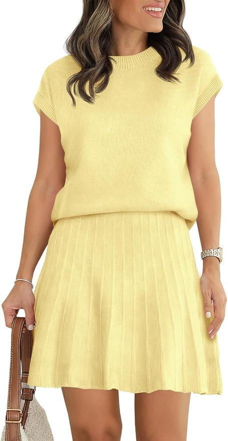 Tankaneo Womens Skirt Sets 2 Piece Outfits Summer Cap Sleeve Sweater Tops Pleated Mini Skirt Knit... | Amazon (US)