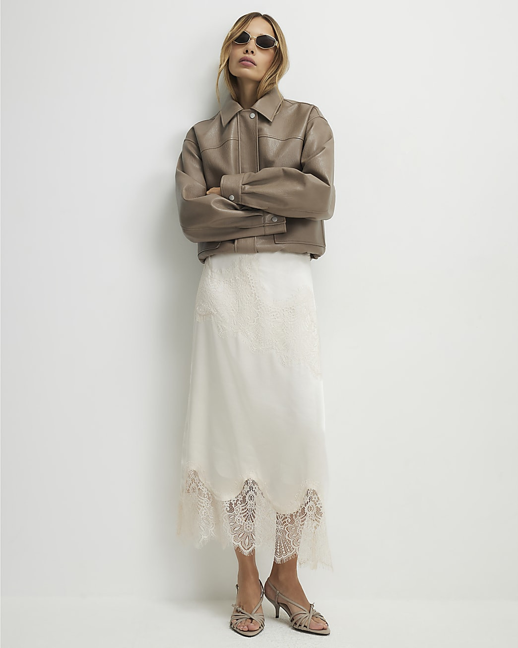 Cream Lace Satin Midi Skirt | River Island UK & IE