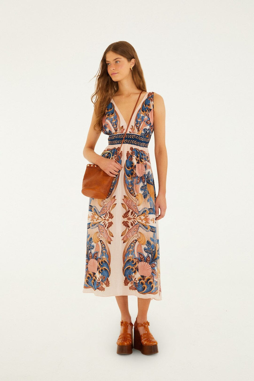 Soft Pink Garden Scarf V Neck Midi Dress | FARM Rio | FarmRio (US)