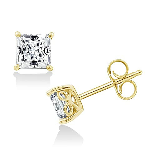 Amazon Essentials Yellow 23K Gold Plated Sterling Silver Stud Earrings set with Princess Brilliant Cut Infinite Elements Cubic Zirconia (1 cttw), (previously Amazon Collection) | Amazon (US)