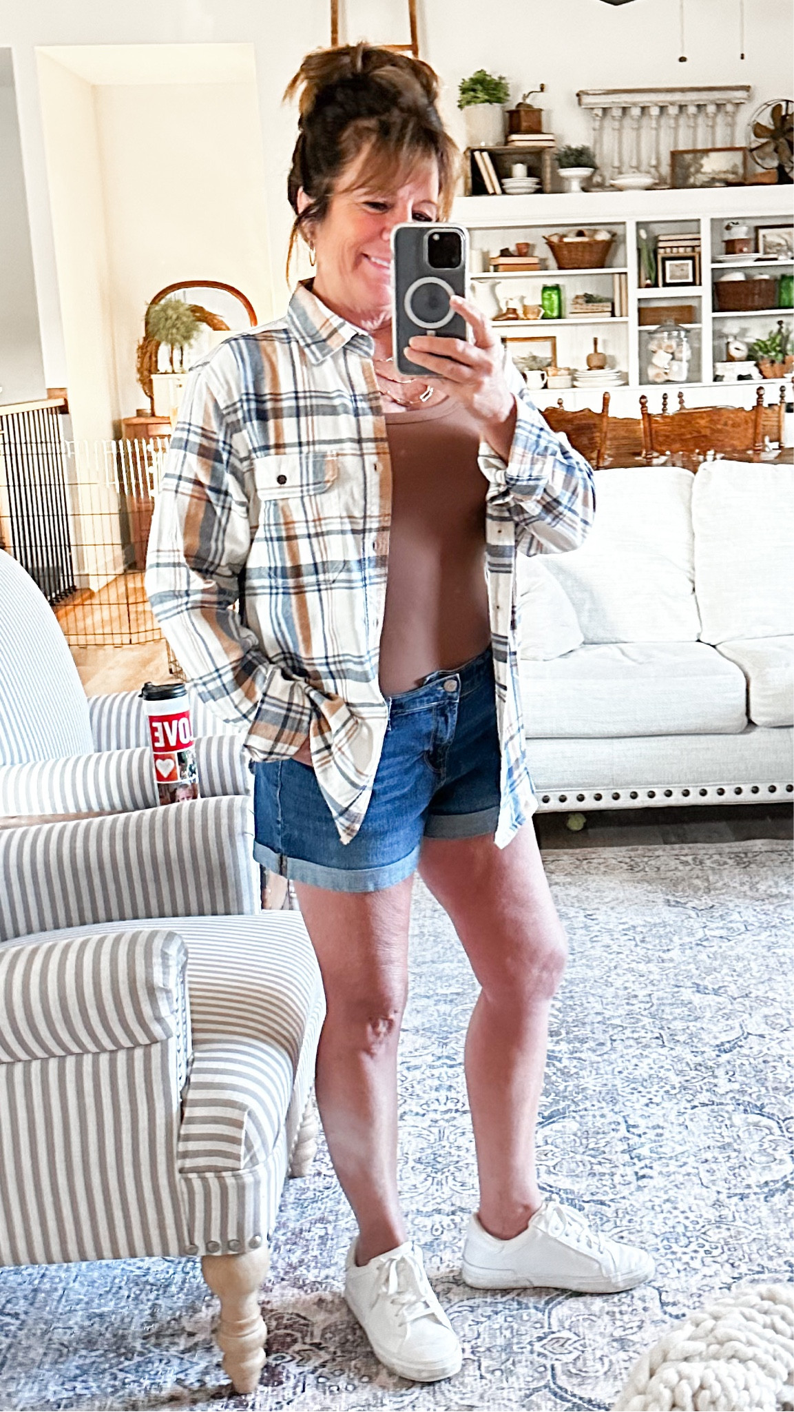 Fall flannel, tank top, Jean short, white sneakers

#LTKunder50 #LTKSeasonal #LTKshoecrush