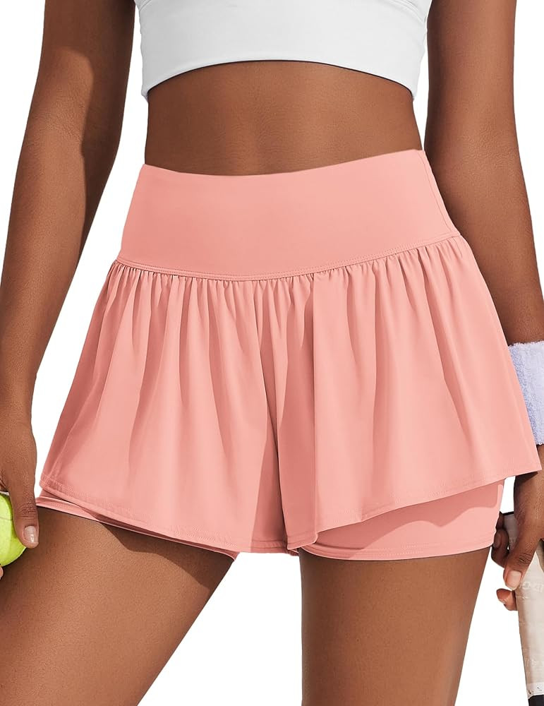 PINSPARK 2 in 1 High Waisted Running Shorts for Women Athletic Tennis Active Short Flowy Workout ... | Amazon (US)