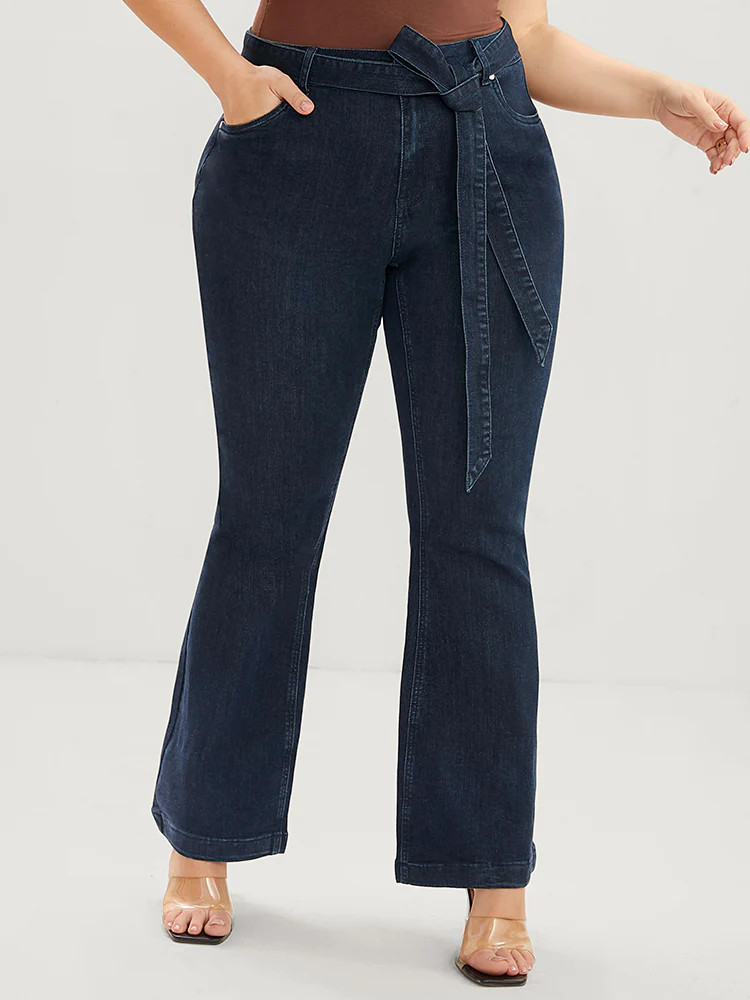 Bootcut Slightly Stretchy High Rise Dark Wash Belted Jeans | Bloomchic