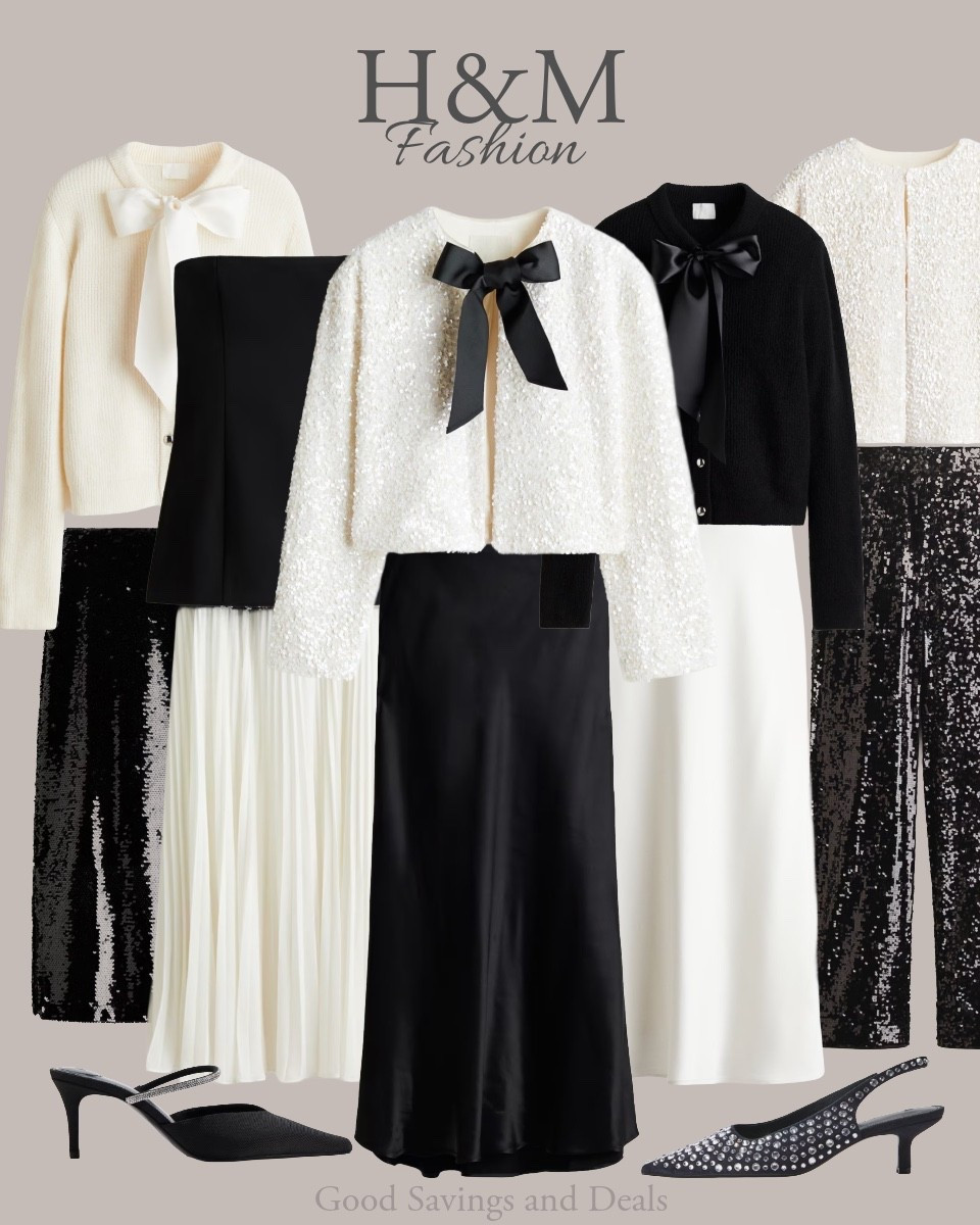 H&M Christmas outfit ideas. Black and white fashion. Sequin and satin. Rhinestone heels. Bow detailed top. Holiday fashion inspired. Christmas party outfits. Ootd.

#LTKHoliday #LTKFindsUnder100 #LTKootd