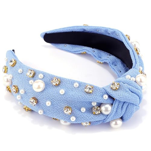 AHONEY Pearl Headband Knotted Light Blue Headband for Women Girls, Rhinestone Top Knot Crystal Headband Jeweled Fashion Headpiece Boho Wide Head Band for Women's Hair | Amazon (US)